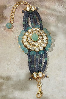 Gold Finish Kundan Polki & Carved Blue Stone Bracelet