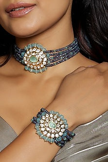 Gold Finish Kundan Polki & Carved Blue Stone Bracelet