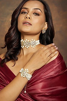 Gold Finish Kundan Polki & Pearl Beaded Bracelet