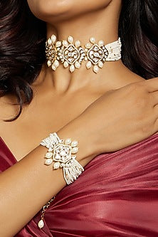 Gold Finish Kundan Polki & Pearl Beaded Bracelet