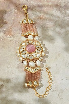 Gold Finish Carved Stone & Pink Agate Beaded Bracelet