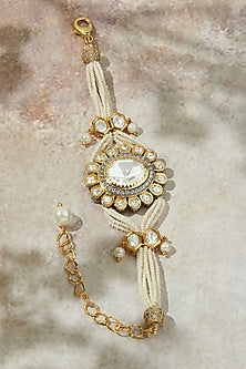 Gold Finish Kundan Polki & Pearl Beaded Bracelet