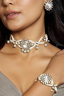 Gold Finish Kundan Polki & Pearl Beaded Bracelet