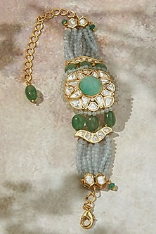 Gold Finish Carved Stone & Blue Agate Beaded Bracelet
