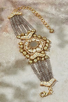 Gold Finish Carved Stone & Grey Agate Beaded Bracelet