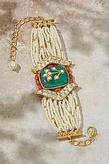 Gold Finish Hydro Emeralds & Coral Beaded Bracelet