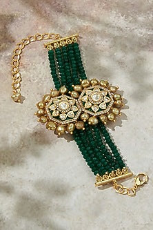 Gold Finish Freshwater Pearl & Green Agate Beaded Bracelet