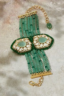 Gold Finish Carved Stone & Green Agate Beaded Bracelet