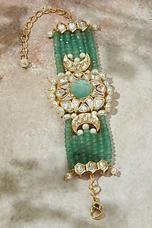 Gold Finish Carved Stone & Green Agate Beaded Bracelet