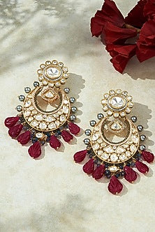 Gold Finish Kundan Polki & Red Carved Drop Chandbaali Earrings