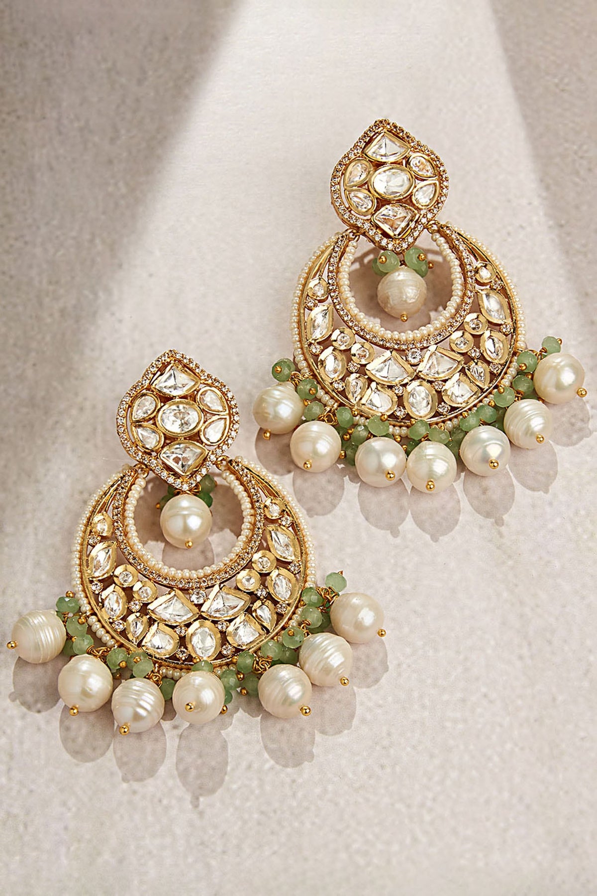 Gold Finish Kundan Polki & Green Agate Chandbaali Earrings