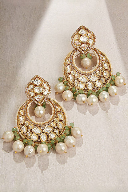 Gold Finish Kundan Polki & Green Agate Chandbaali Earrings