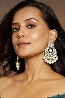 Gold Finish Kundan Polki & Green Agate Chandbaali Earrings
