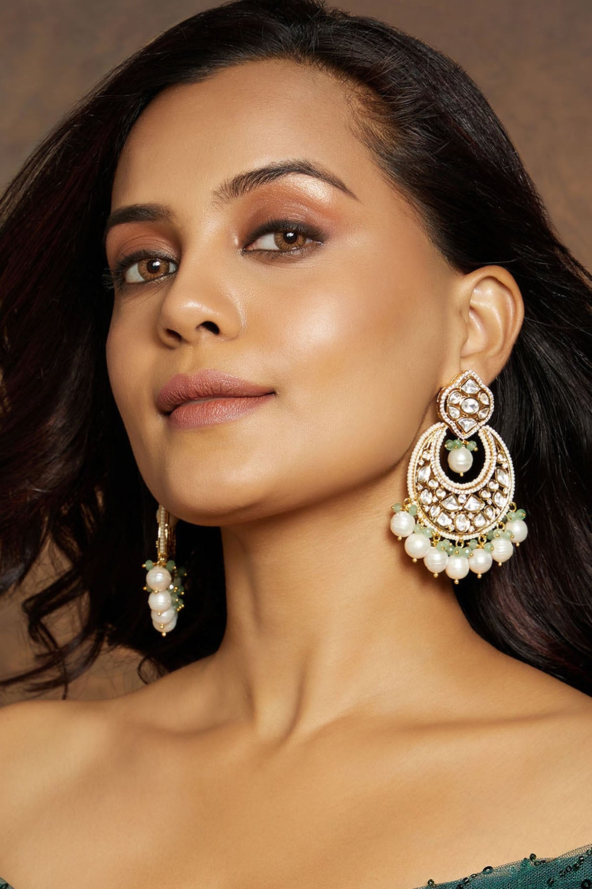 Gold Finish Kundan Polki & Green Agate Chandbaali Earrings