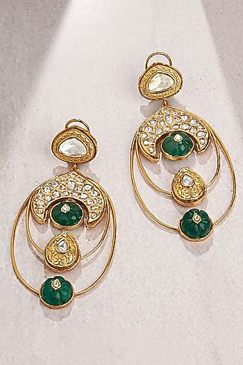 Gold Finish Kundan Polki & Green Jade Beaded Dangler Earrings