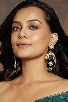 Gold Finish Kundan Polki & Green Jade Beaded Dangler Earrings
