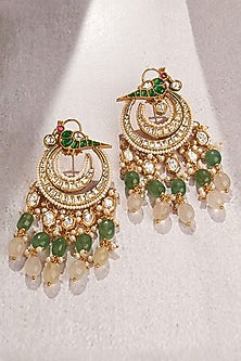 Gold Finish Kundan Polki & Jade Beaded Chandbaali Earrings