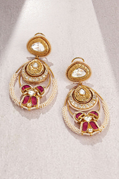 Gold Finish Kundan Polki & Hydro Ruby Dangler Earrings