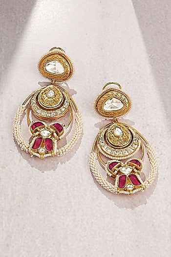 Gold Finish Kundan Polki & Hydro Ruby Dangler Earrings