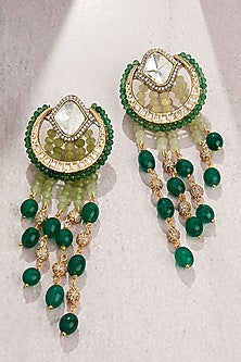 Gold Finish Kundan Polki & Green Beaded Dangler Earrings