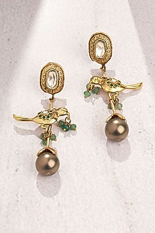 Gold Finish Bird Motif & Pearl Dangler Earrings
