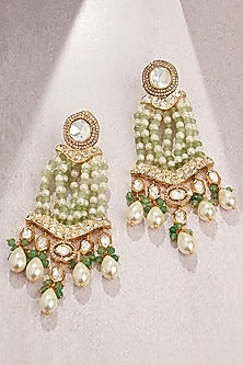 Gold Finish Green Agate & Pearl Dangler Earrings