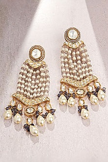 Gold Finish Green Agate & Pearl Dangler Earrings