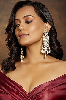 Gold Finish Green Agate & Pearl Dangler Earrings