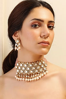 Gold Finish Pink Stone Necklace Set