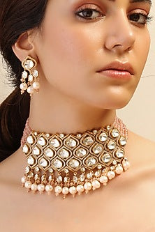 Gold Finish Pink Stone Necklace Set