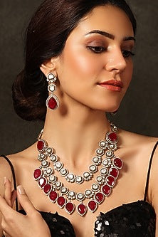 Gold Finish Ruby Stone Layered Necklace Set
