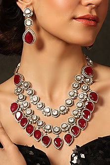 Gold Finish Ruby Stone Layered Necklace Set