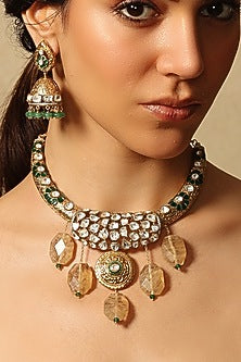 Gold Finish Multi-Colored Stone Necklace Set