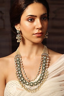 Gold Finish Green Stone Layered Necklace Set