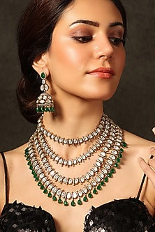Gold Finish Emerald Stone Necklace Set