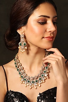 Gold Finish Multi-Colored Stone Necklace Set