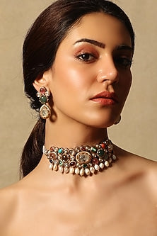 Gold Finish Multi-Colored Stone Choker Necklace Set