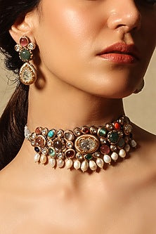 Gold Finish Multi-Colored Stone Choker Necklace Set