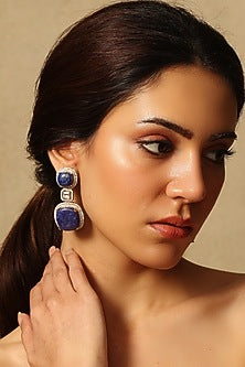 Gold Finish Blue Stone Dangler Earrings