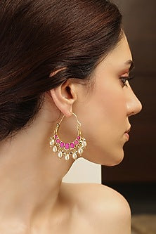 Gold Finish Pink Stone Chandbali Earrings