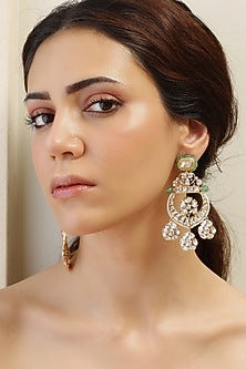 Gold Finish Kundan Polki & Emerald Stone Dangler Earrings