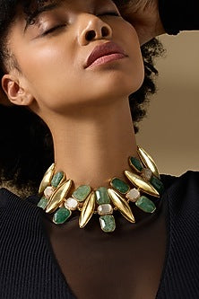 Gold Finish Amethyst & Green Stone Virenys Necklace