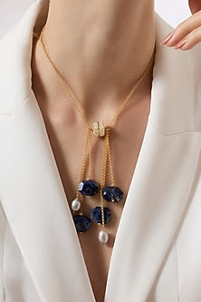Gold Finish Blue Agate Stone Avenari Necklace