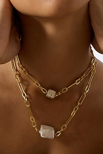 Gold Finish Baroque Pearl Uzara Necklace