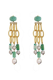 Gold Finish Pearls & Onyx Drop Earrings