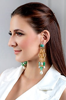Gold Finish Pearls & Onyx Drop Earrings