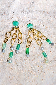 Gold Finish Pearls & Onyx Drop Earrings