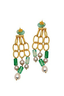 Gold Finish Pearls & Onyx Drop Earrings