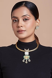 Gold Finish Necklace Set With Hydro Polki