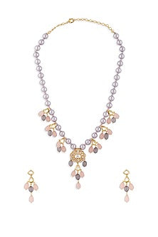 Gold Finish Necklace Set With Rose Quartz Drops